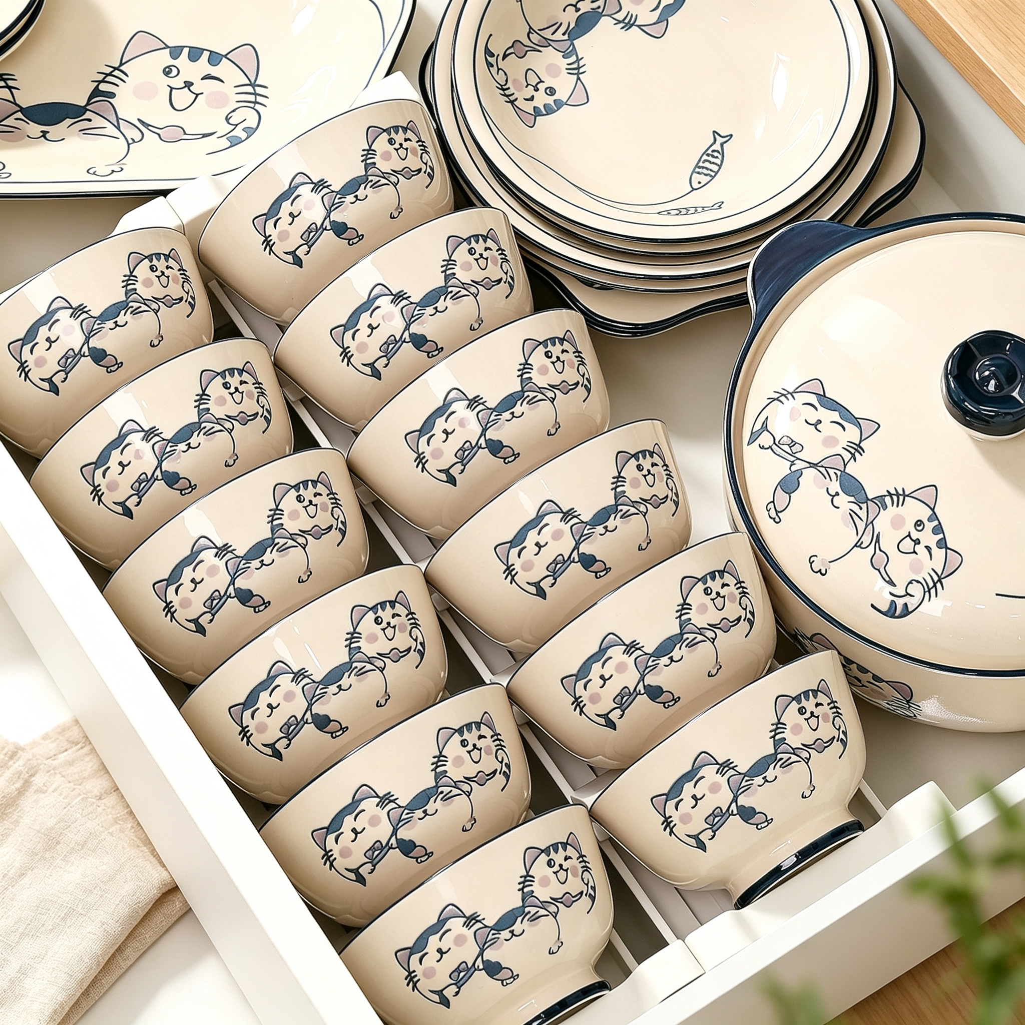 Cartoon Cat Motif Complete Dining Tableware Kit