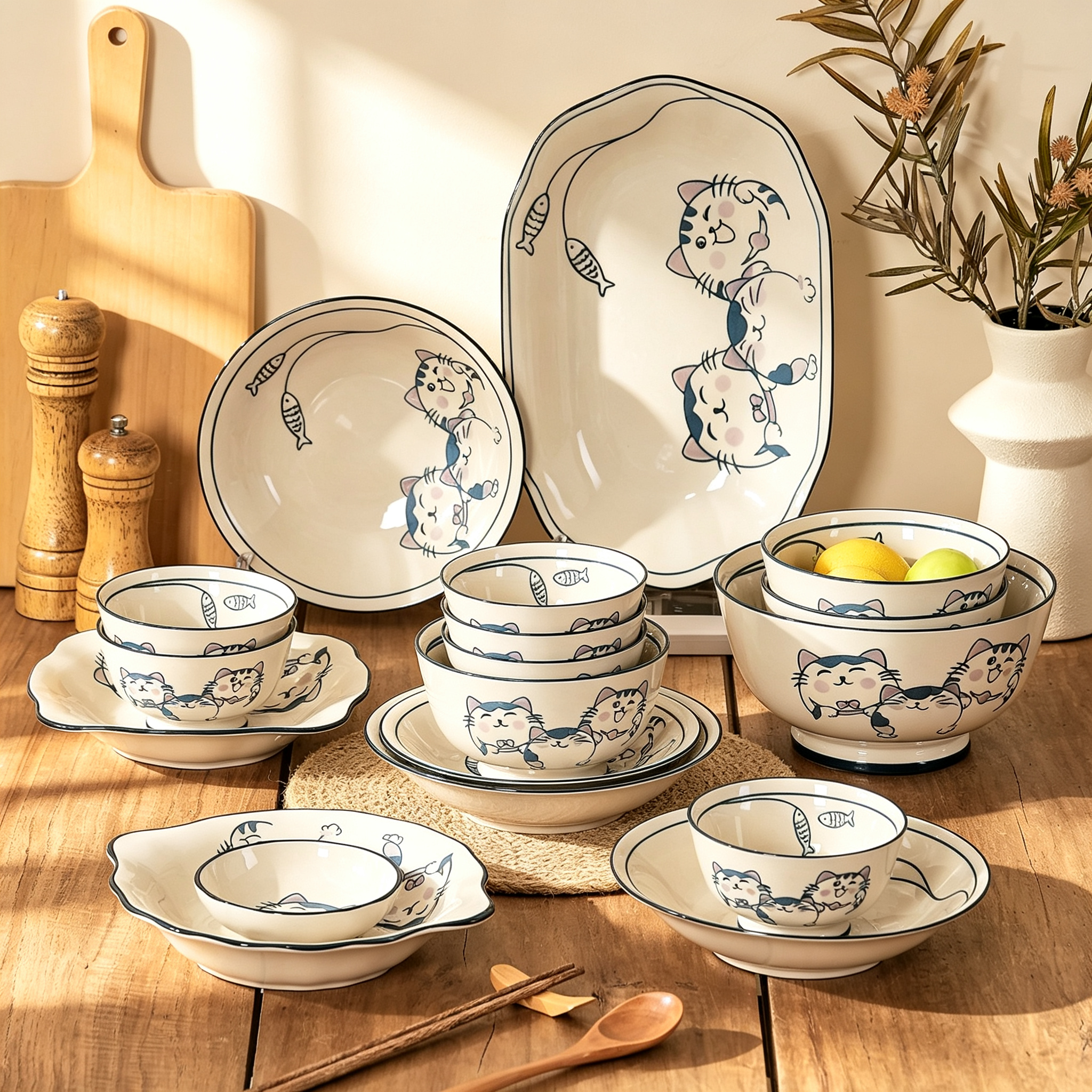 Cartoon Cat Motif Complete Dining Tableware Kit